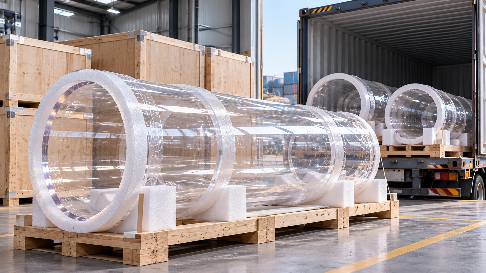 Transparent thick-wall cast acrylic cylinders prepared for export loading